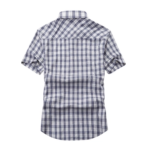 Men's casual blue and white plaid short sleeve shirt with classic turn-down collar