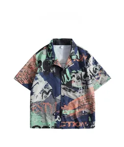 Detail view of the colorful street graffiti print and chest pocket on men's shirt
