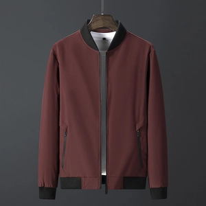 Burgundy casual bomber jacket for men with black ribbed trim and zipper pockets
