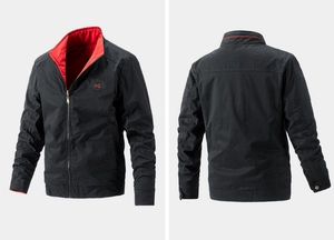 Front and back view of a men's reversible stand collar jacket with HS 1984 logo