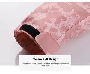 Detail of adjustable black velcro cuff on a pink camouflage waterproof outdoor jacket
