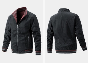 Front and back view of men's black stand collar jacket with red plaid inner lining details
