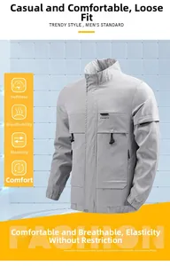 Detail einer hellgrauen Freizeitjacke mit Utility-Taschen und verstellbarem Kordelzug