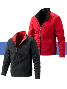 Detail of men's reversible washed jacket with stand collar and zipper pockets