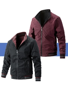 Detailed view of ribbed cuffs and collar on reversible casual men's zip jacket
