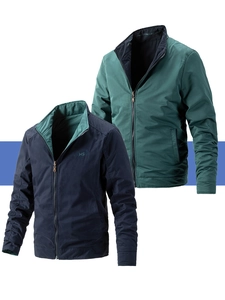 Detail of men's stand collar jackets in dark green and navy with HS chest logo