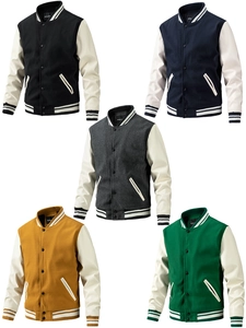 Classic American varsity jackets in black, navy, grey, yellow, and green colors