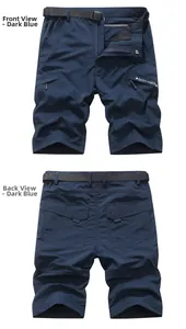Detail view of dark blue cargo shorts with side zipper and large rear flap pocket