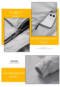 Details der grauen Herrenjacke mit Reißverschluss, Seitentaschen und elastischen Bündchen