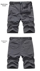 Front and back detail of dark gray outdoor cargo shorts with multiple pockets and a belt