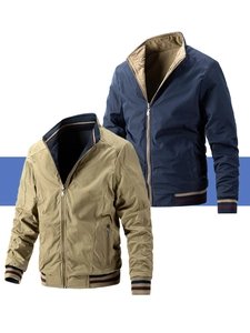Detail of men's washed cotton jacket showing striped ribbed cuffs and stand collar design