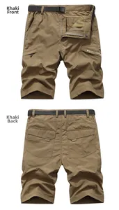 Front and back detail of khaki outdoor cargo shorts with multiple pockets and black belt