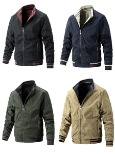 Detail showing various colors of men's bomber jackets with ribbed striped cuffs and collar