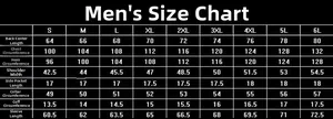 Tableau des tailles détaillé pour veste d'été homme anti-UV du S au 6XL dimensions
