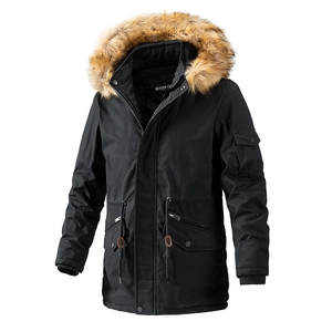 Detail of men's black parka jacket with a faux fur collar and tactical multi-pocket design