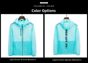 Vues avant et arrière de la veste anti-UV vert clair avec protection UPF 70+ pour femme