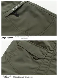Detail of army green cargo shorts with zipper side pocket and flap back pocket