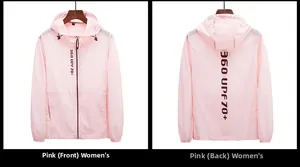 Détail avant et arrière de la veste de protection solaire rose UPF 70+ pour femme