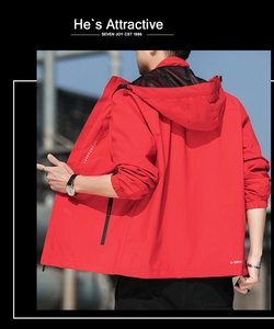 Rear view of waterproof red hooded outdoor jacket with elastic cuffs and sport logos