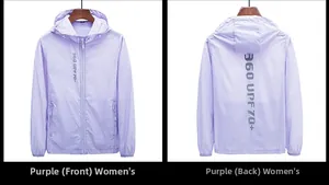 Vue détaillée avant et arrière de la veste de protection solaire violette femme UPF 70+