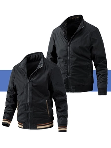 Detail of black bomber jacket featuring ribbed striped collar and metallic zipper