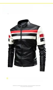 Detailed view of the color-block racing leather jacket with stand collar and zipper