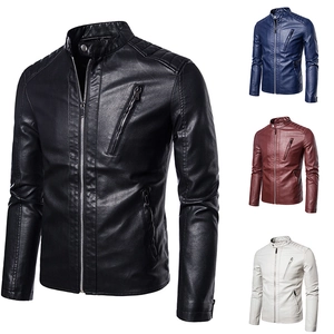 Detail view of men's slim fit faux leather jacket showing quilted shoulders and metal zips