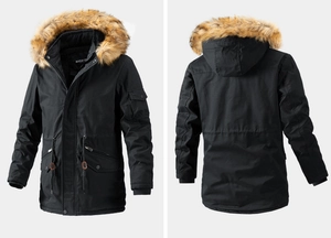 Detail of black winter parka for men featuring plush fur collar and multi-pocket design