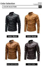 Men's faux leather biker jackets in black, khaki, earth yellow, and coffee brown colors