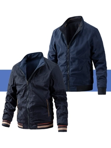 Detailed view of navy blue jacket featuring ribbed collar and striped cuffs for men