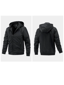 Front and back view of a men's black hooded jacket with zipper pockets and ribbed cuffs