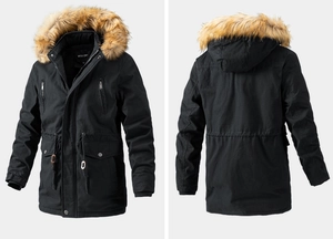Vorder- und Rückansicht des Herren-Winterparkas mit abnehmbarem Pelzkragen und Kordelzug
