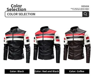 Detail view of motorcycle leather jacket showing black, red and coffee color options