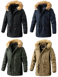 Winter parkas in four colors featuring large faux fur collars and multi-pocket utility design