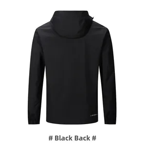 Rear view of black waterproof windbreaker with hood and elastic cuffs and X-SPORT logo