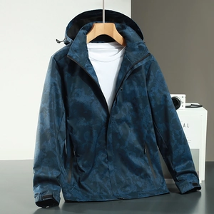 Waterproof hooded camouflage jacket in navy blue with adjustable cuffs for outdoor sports