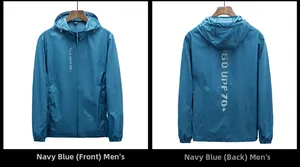 Veste de protection solaire à capuche bleu marine pour hommes avec indice UPF 70 plus, vues