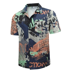 Men's short sleeve summer Hawaiian shirt with dark blue graffiti print and Cuban collar