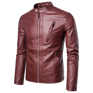 Close-up of a burgundy faux leather moto jacket showing stand collar and shoulder stitching