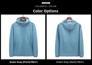 Détail de la veste solaire homme gris-vert avec imprimé UPF 70+ et capuche