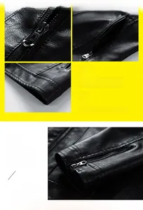 Detail of men's black leather motorcycle jacket with metallic zippers and textured grain