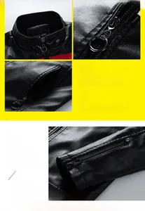 Detail view of the red and black faux leather jacket texture and metal zipper