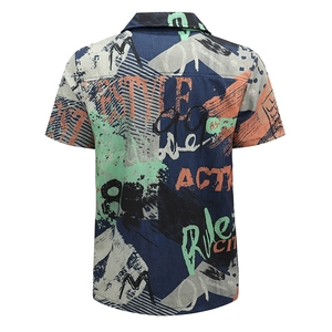 Short sleeve button down shirt with graffiti style print on back in dark blue and orange