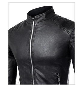 Detail showing the shoulder stitching and high-quality leather texture of a slim fit jacket