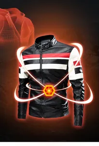 Detail of faux leather biker jacket with color-block stripes and warm fleece lining