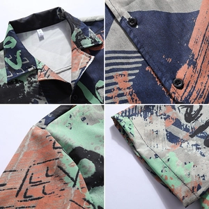 Men's summer short sleeve shirt with abstract print design and detailed collar craftsmanship