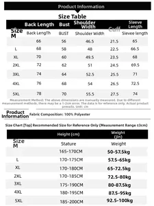 Detailed size chart for men's reversible casual jacket with measurements from M to 5XL