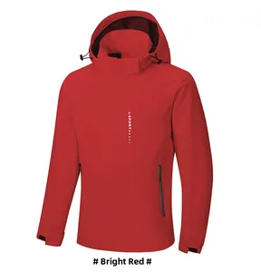 Detail of red waterproof outdoor jacket showing X-SPORT logo and drawstring hood