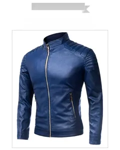 Detail view of navy blue faux leather jacket with quilted shoulders and stand collar