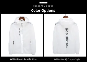 Détails avant et arrière de la veste blanche à capuche avec protection solaire UPF70+